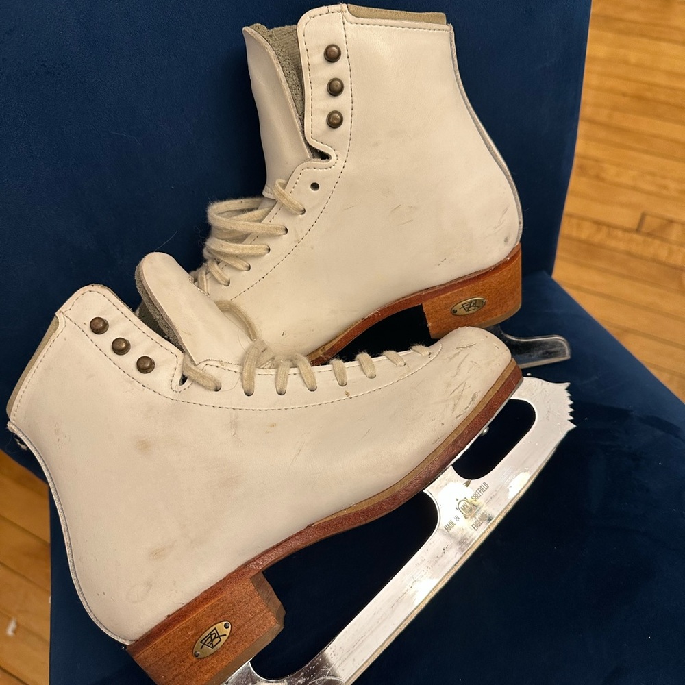 Classic White Ice Skates with Wooden Sole
